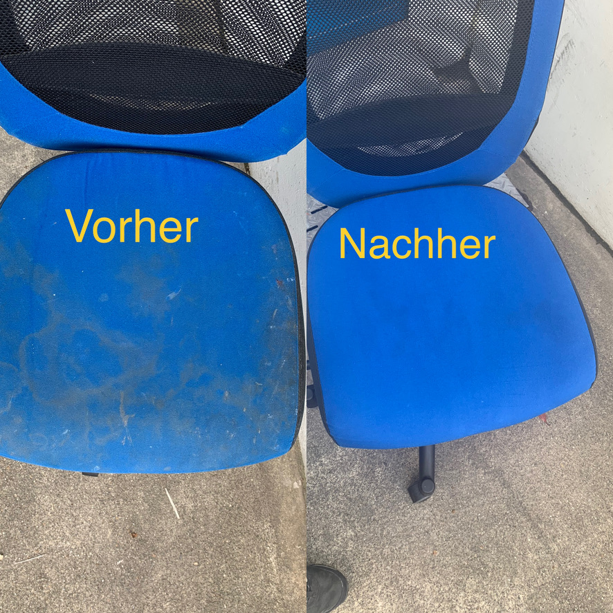 Originaler Vorher-Nachher-Vergleich eines blauen Stoffstuhls